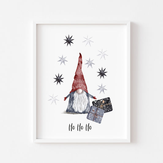 Ho Ho Ho watercolour Gnome/gonk and stars Christmas seasonal unframed wall art poster print
