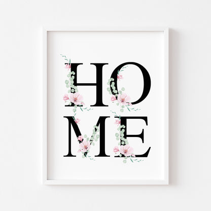Home print, Home letters black and pink magnolia floral home bedroom unframed wall art poster print