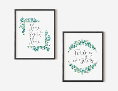 Set of 2 home sweet home, family is everything eucalyptus wreath set of home bedroom hallway  unframed wall art poster prints