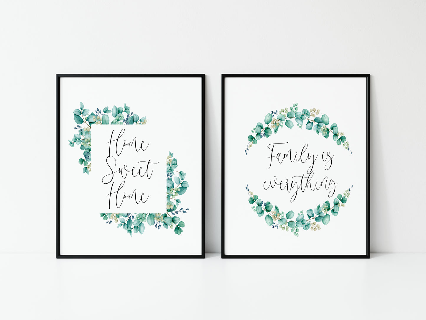 Set of 2 home sweet home, family is everything eucalyptus wreath set of home bedroom hallway  unframed wall art poster prints