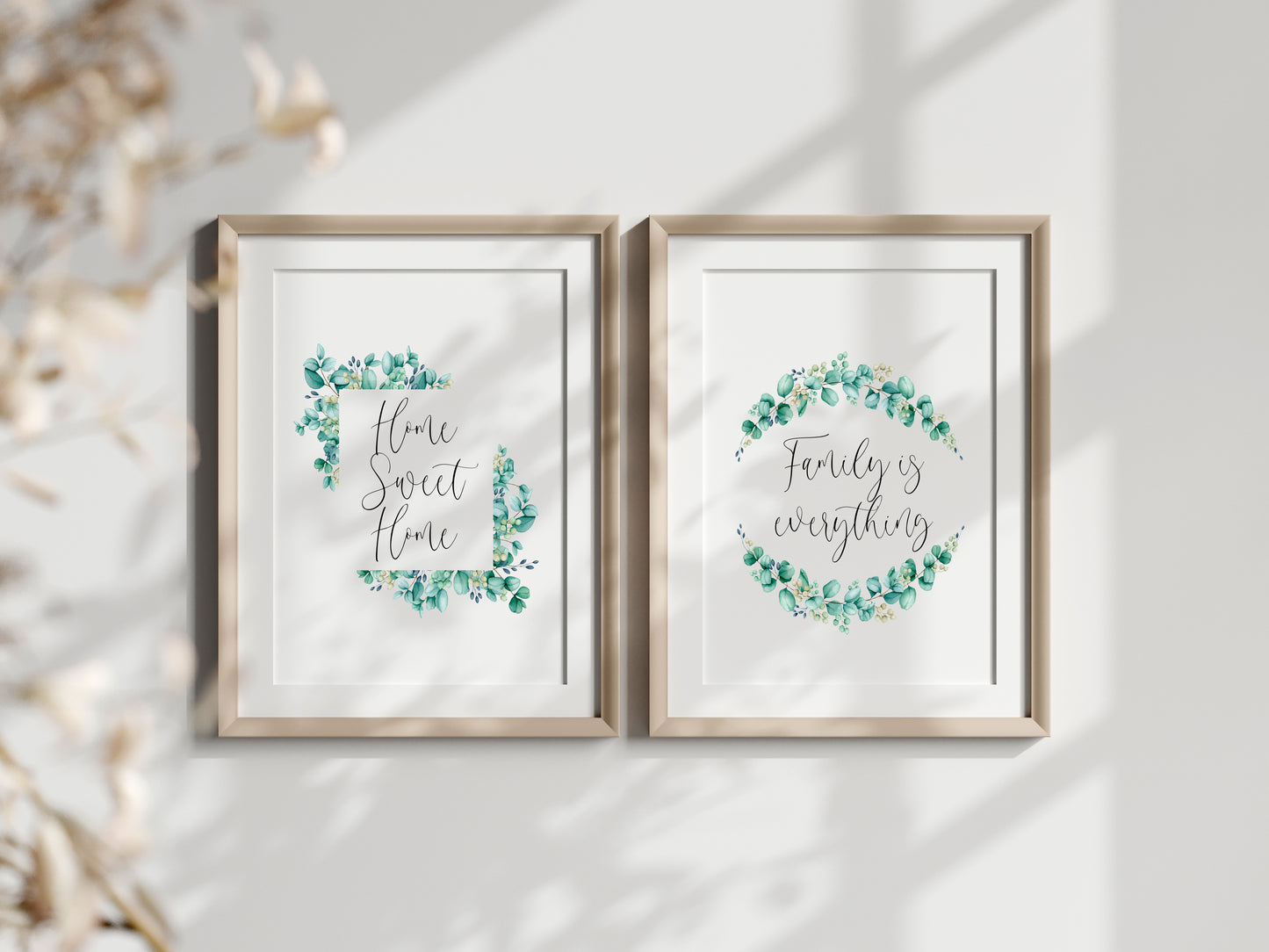 Set of 2 home sweet home, family is everything eucalyptus wreath set of home bedroom hallway  unframed wall art poster prints