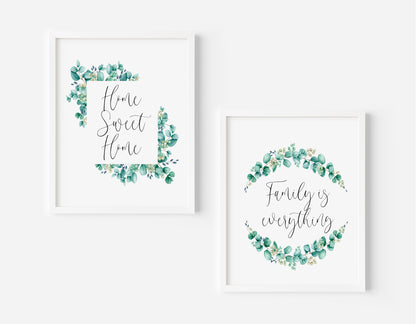 Set of 2 home sweet home, family is everything eucalyptus wreath set of home bedroom hallway  unframed wall art poster prints