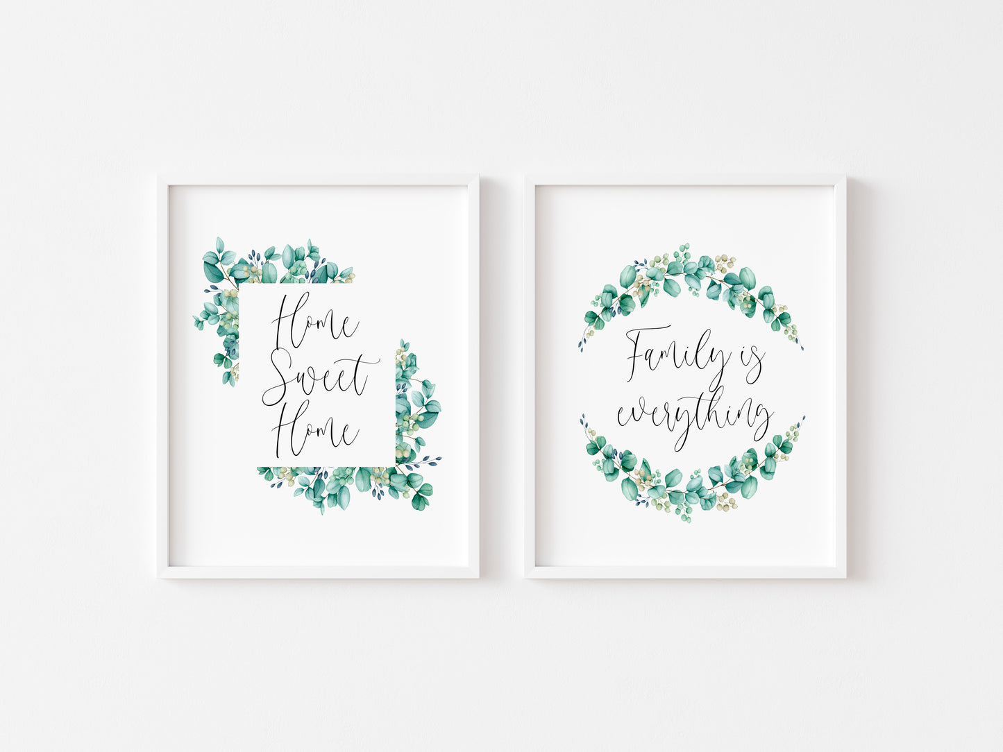 Set of 2 home sweet home, family is everything eucalyptus wreath set of home bedroom hallway  unframed wall art poster prints