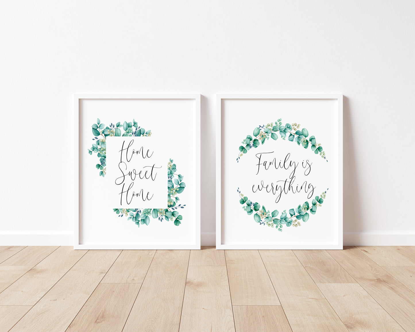 Set of 2 home sweet home, family is everything eucalyptus wreath set of home bedroom hallway  unframed wall art poster prints