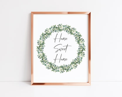 Home sweet home botanical greenery eucalyptus wreath unframed wall art poster print