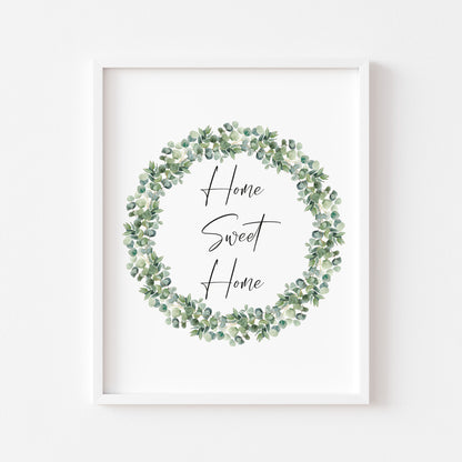 Home sweet home botanical greenery eucalyptus wreath unframed wall art poster print