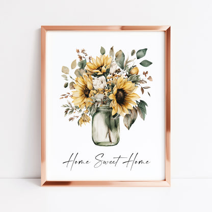 Home Sweet Home Print Sunflowers bouquet flower vase wall art poster (Unframed)