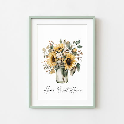 Home Sweet Home Print Sunflowers bouquet flower vase wall art poster (Unframed)