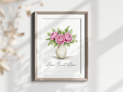 Home Sweet Home Print Peonies bouquet flower vase wall art poster (Unframed)