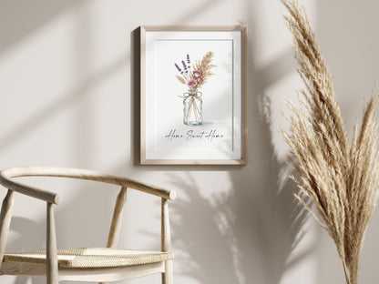 Home Sweet Home Print Pampas Grass & Rose flower vase wall art poster (Unframed)