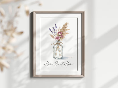 Home Sweet Home Print Pampas Grass & Rose flower vase wall art poster (Unframed)