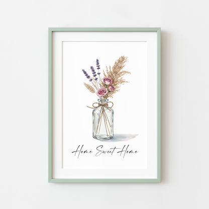 Home Sweet Home Print Pampas Grass & Rose flower vase wall art poster (Unframed)