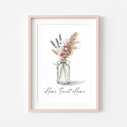 Home Sweet Home Print Pampas Grass & Rose flower vase wall art poster (Unframed)
