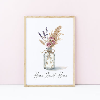 Home Sweet Home Print Pampas Grass & Rose flower vase wall art poster (Unframed)