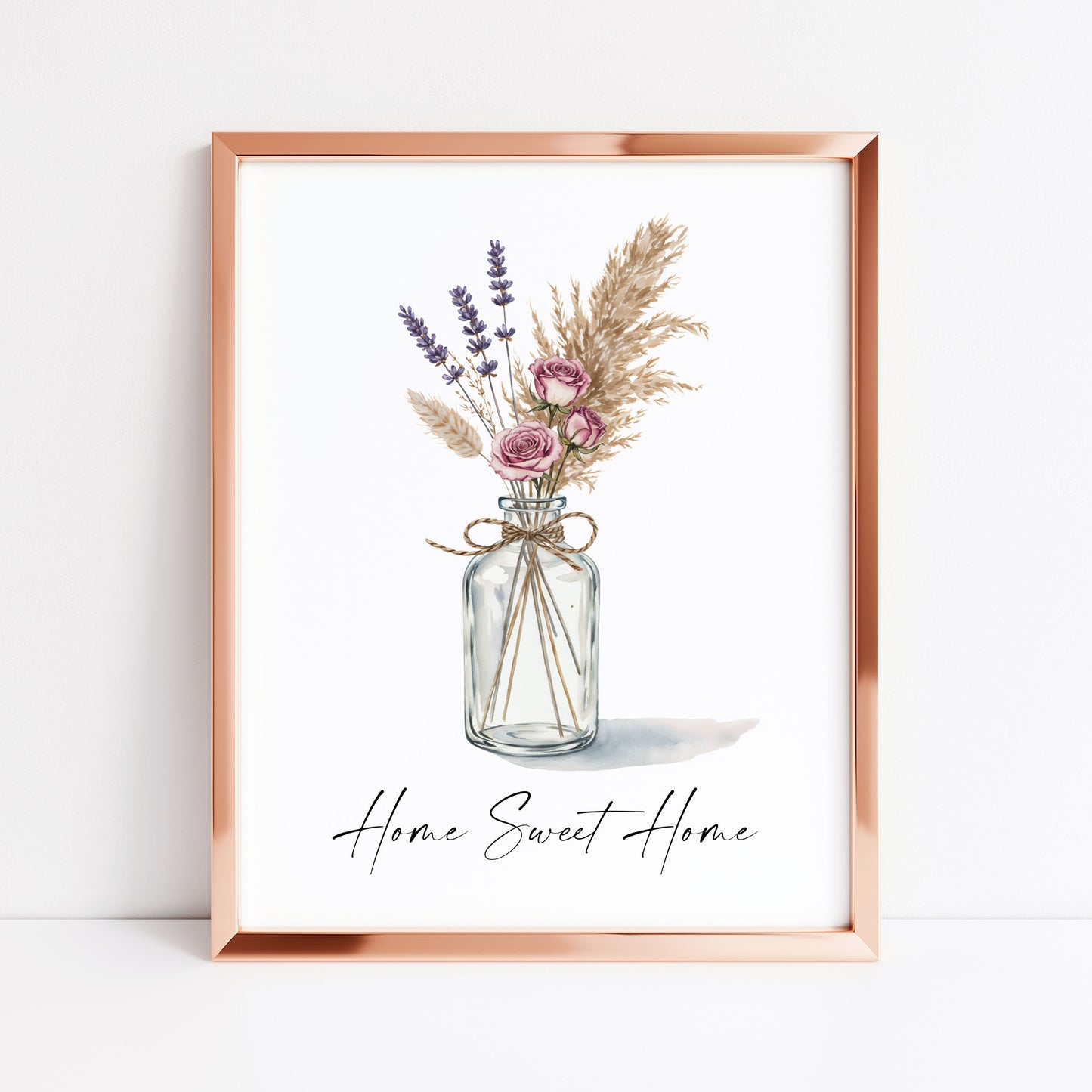 Home Sweet Home Print Pampas Grass & Rose flower vase wall art poster (Unframed)