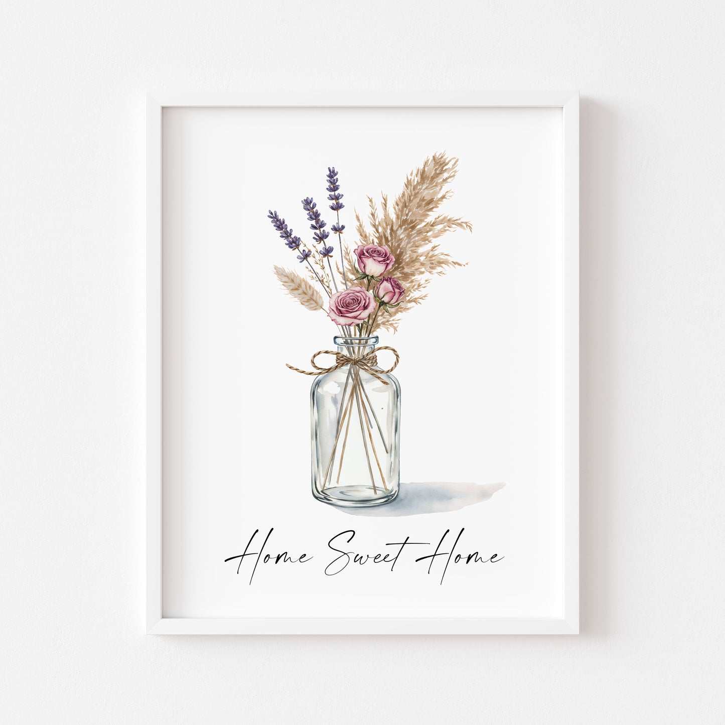 Home Sweet Home Print Pampas Grass & Rose flower vase wall art poster (Unframed)