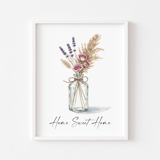 Home Sweet Home Print Pampas Grass & Rose flower vase wall art poster (Unframed)