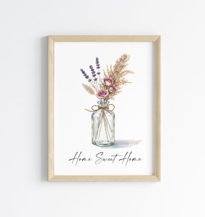 Home Sweet Home Print Pampas Grass & Rose flower vase wall art poster (Unframed)