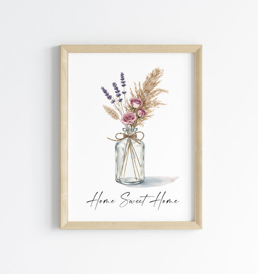 Home Sweet Home Print Pampas Grass & Rose flower vase wall art poster (Unframed)