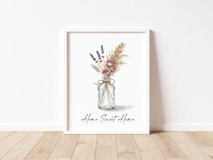 Home Sweet Home Print Pampas Grass & Rose flower vase wall art poster (Unframed)