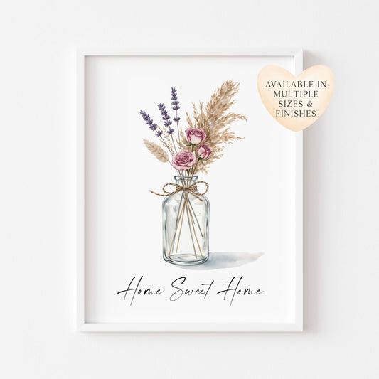 Home Sweet Home Print Pampas Grass & Rose flower vase wall art poster (Unframed)