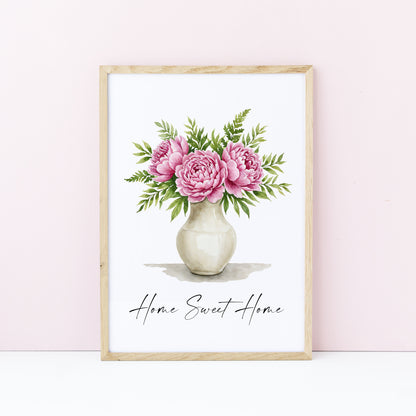 Home Sweet Home Print Peonies bouquet flower vase wall art poster (Unframed)