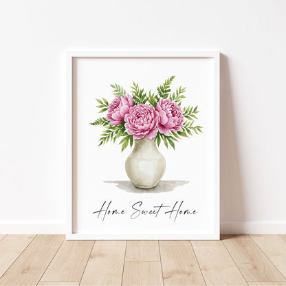 Home Sweet Home Print Peonies bouquet flower vase wall art poster (Unframed)