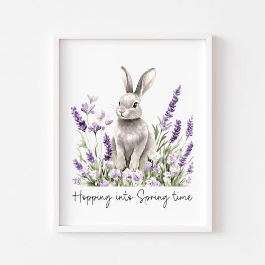 Spring bunny Floral Art Print, hopping into spring Seasonal Illustration (unframed)