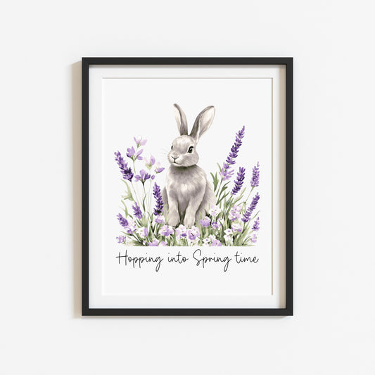 Spring bunny Floral Art Print, hopping into spring Seasonal Illustration (unframed)