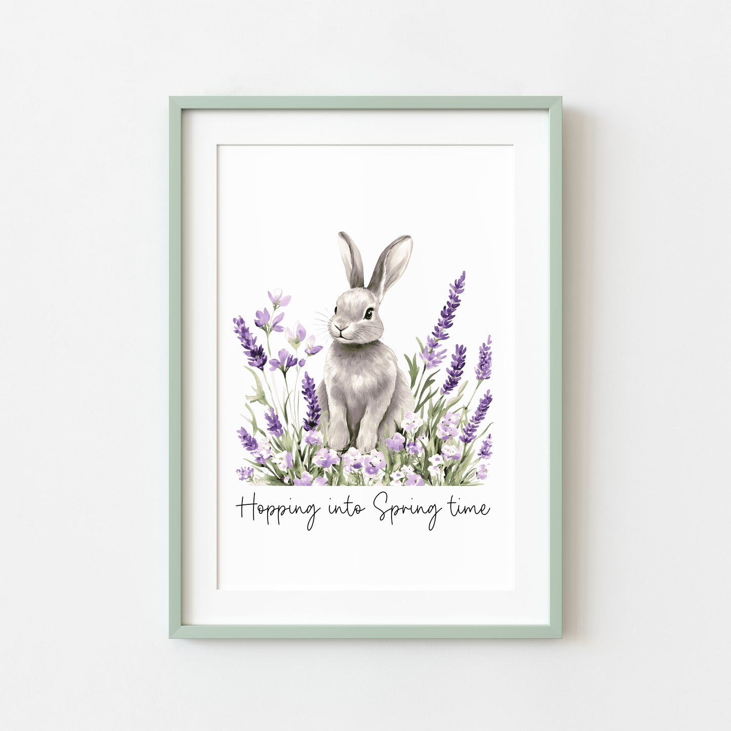 Spring bunny Floral Art Print, hopping into spring Seasonal Illustration (unframed)