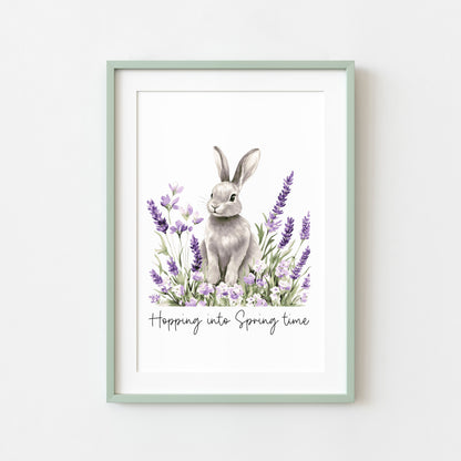 Spring bunny Floral Art Print, hopping into spring Seasonal Illustration (unframed)