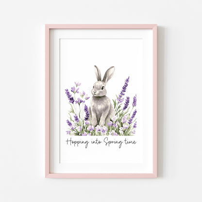 Spring bunny Floral Art Print, hopping into spring Seasonal Illustration (unframed)