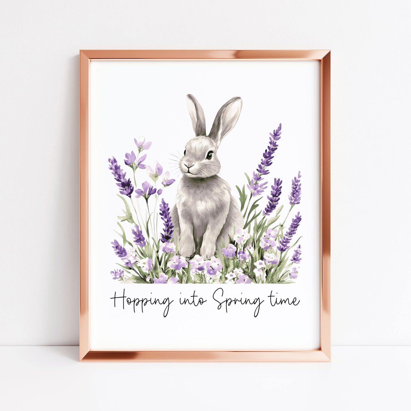 Spring bunny Floral Art Print, hopping into spring Seasonal Illustration (unframed)