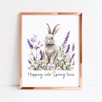 Spring bunny Floral Art Print, hopping into spring Seasonal Illustration (unframed)