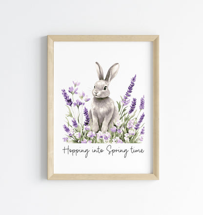 Spring bunny Floral Art Print, hopping into spring Seasonal Illustration (unframed)