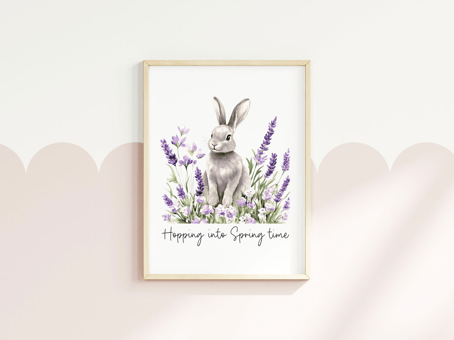 Spring bunny Floral Art Print, hopping into spring Seasonal Illustration (unframed)