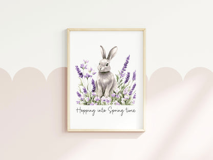 Spring bunny Floral Art Print, hopping into spring Seasonal Illustration (unframed)