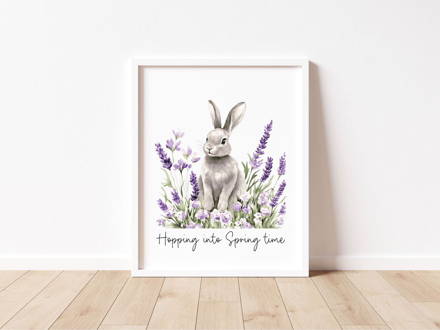 Spring bunny Floral Art Print, hopping into spring Seasonal Illustration (unframed)