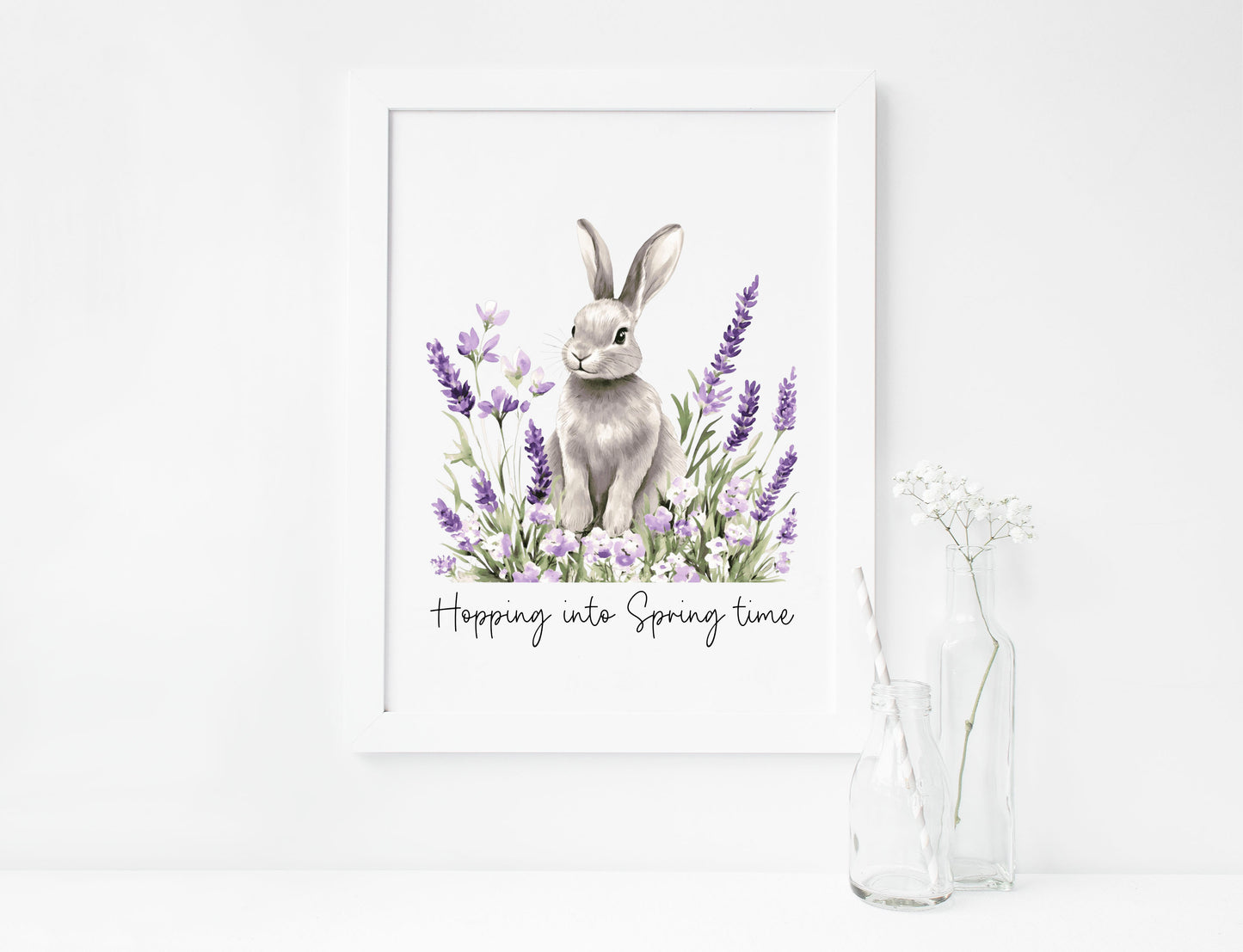 Spring bunny Floral Art Print, hopping into spring Seasonal Illustration (unframed)