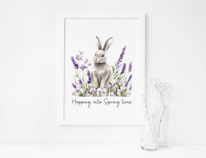 Spring bunny Floral Art Print, hopping into spring Seasonal Illustration (unframed)
