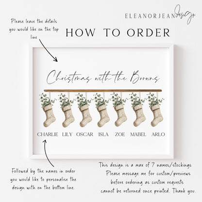 Personalised Christmas stocking family print green eucalyptus stockings unframed wall art poster print