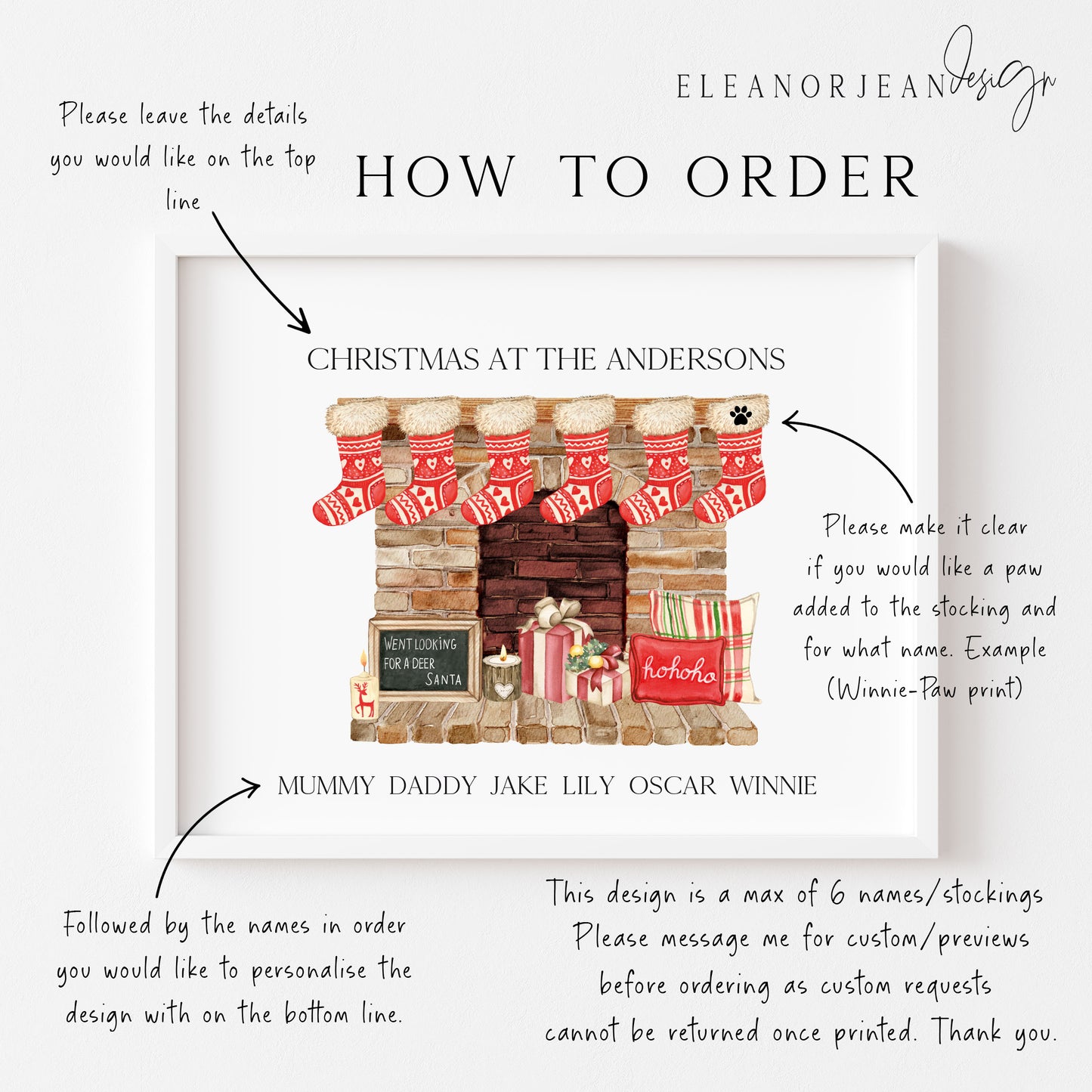 Personalised Christmas stocking family print red fireplace stockings unframed wall art poster print