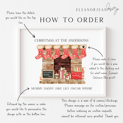 Personalised Christmas stocking family print red fireplace stockings unframed wall art poster print