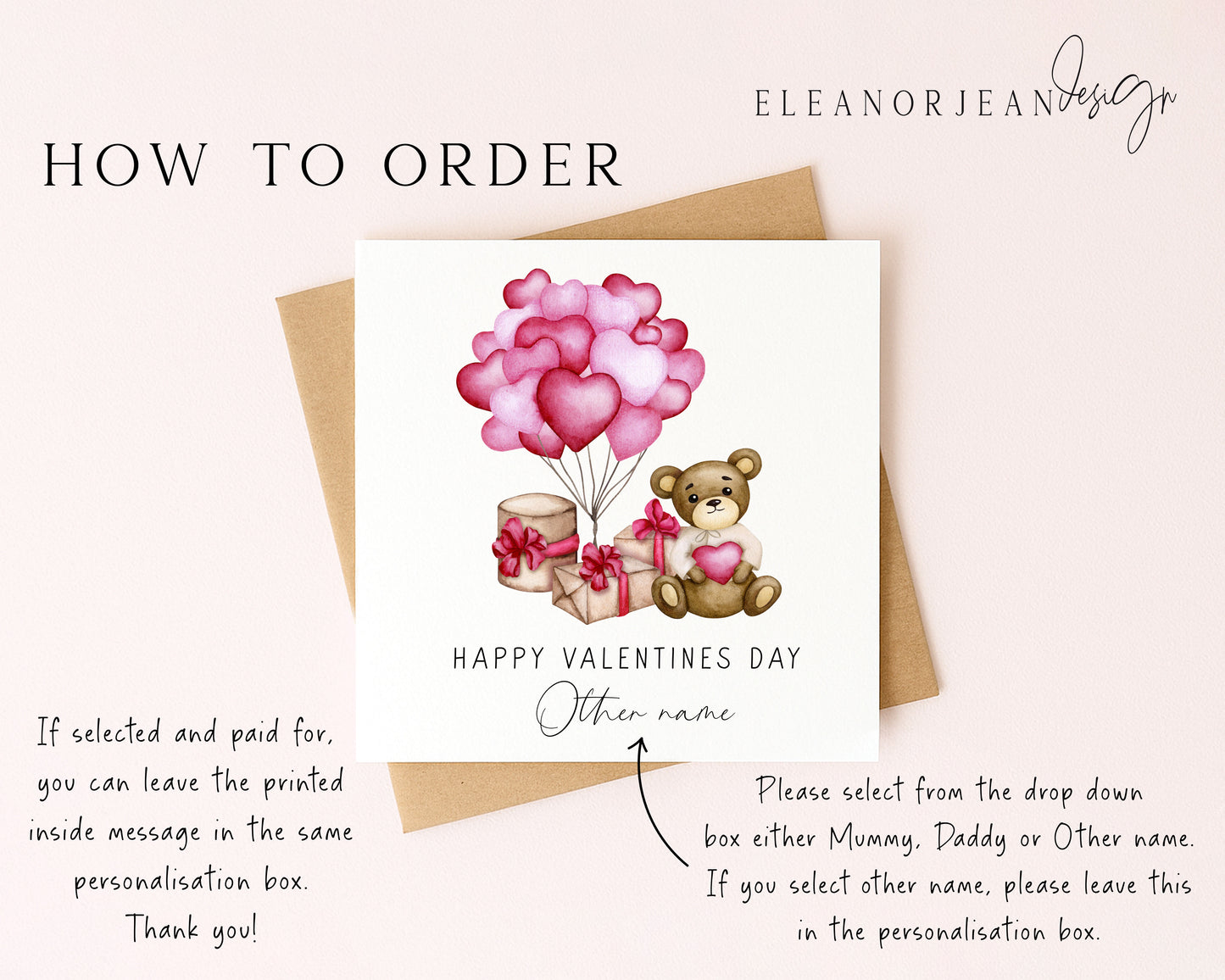 Valentines card, Personalised teddy bear balloons, mummy, daddy or name card and envelope