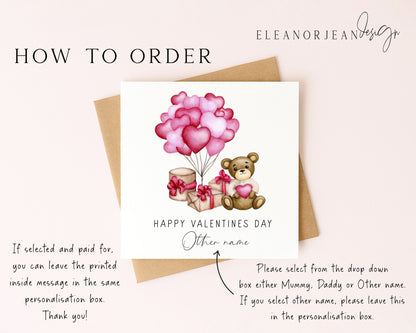 Valentines card, Personalised teddy bear balloons, mummy, daddy or name card and envelope