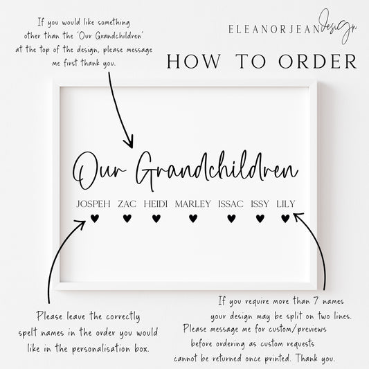 Personalised Grandchildren Hearts Print Custom unframed Home Wall Art