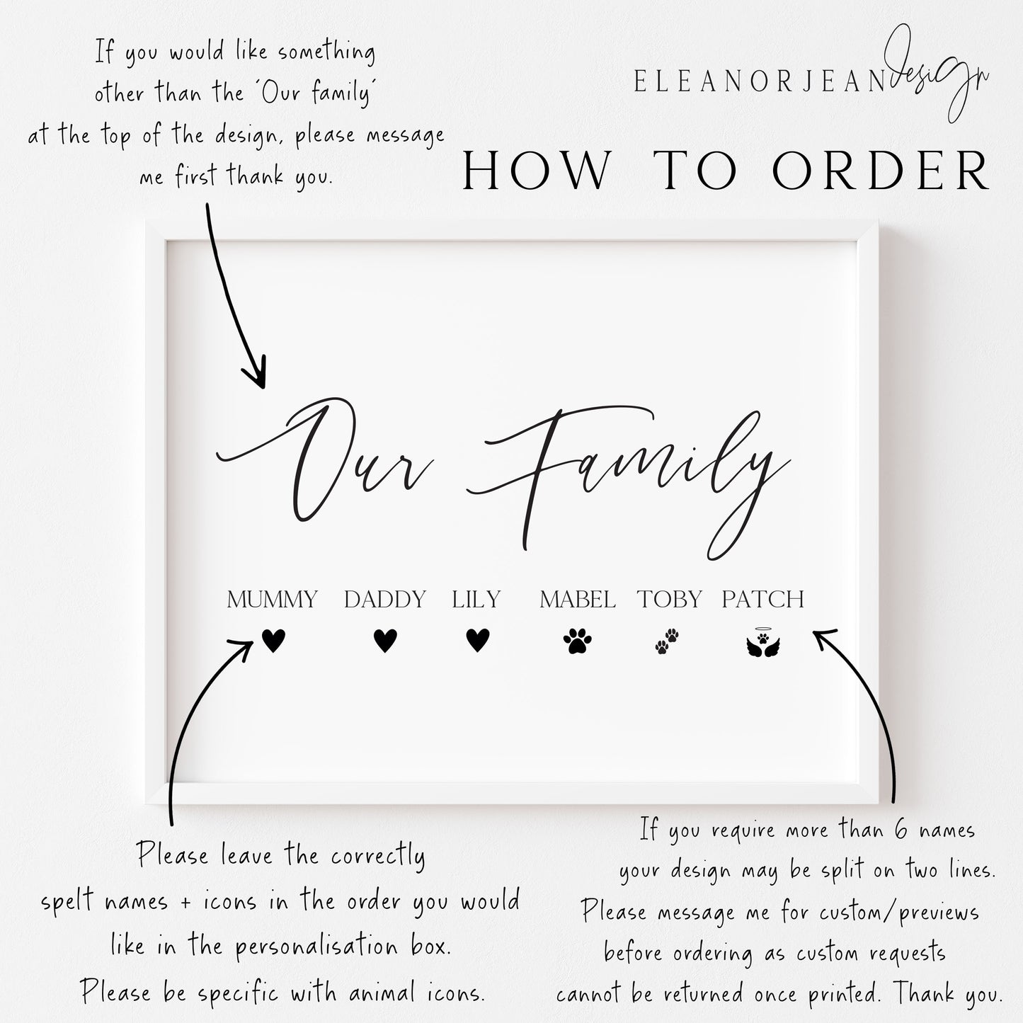 Our family personalised with names and hearts paw prints family home unframed wall art poster print