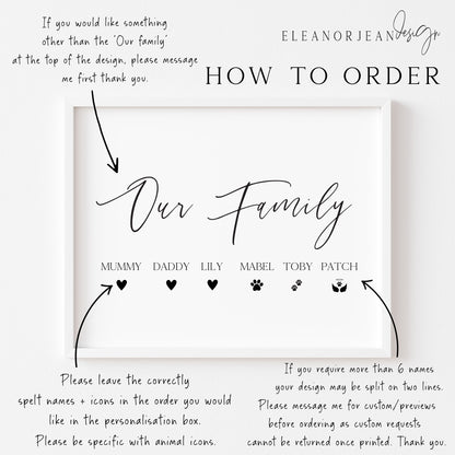 Our family personalised with names and hearts paw prints family home unframed wall art poster print