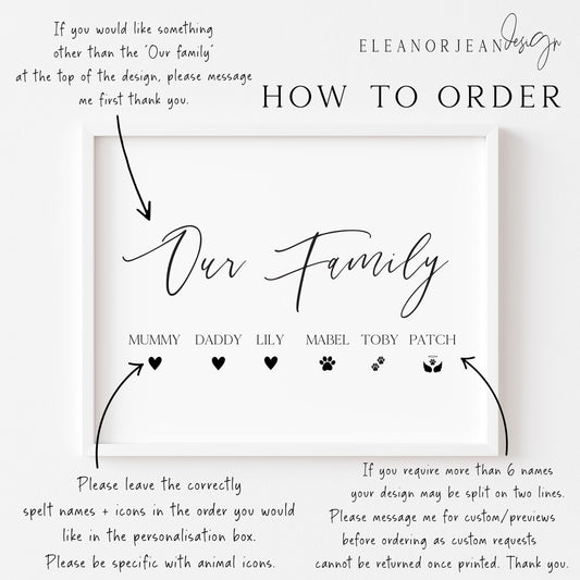 Our family personalised with names and hearts paw prints family home unframed wall art poster print