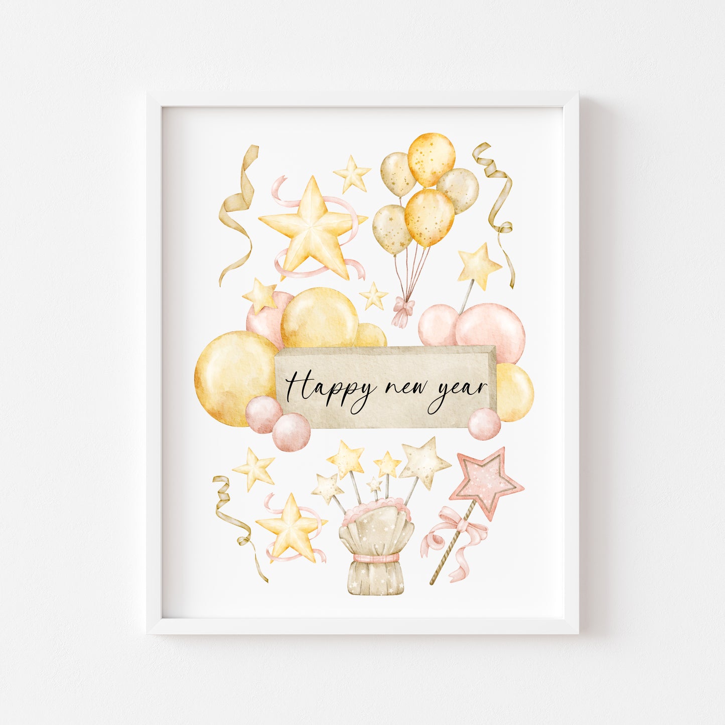 Happy new year pink gold & cream watercolour party balloons celebration sign home unframed wall art print, decorations, new year print